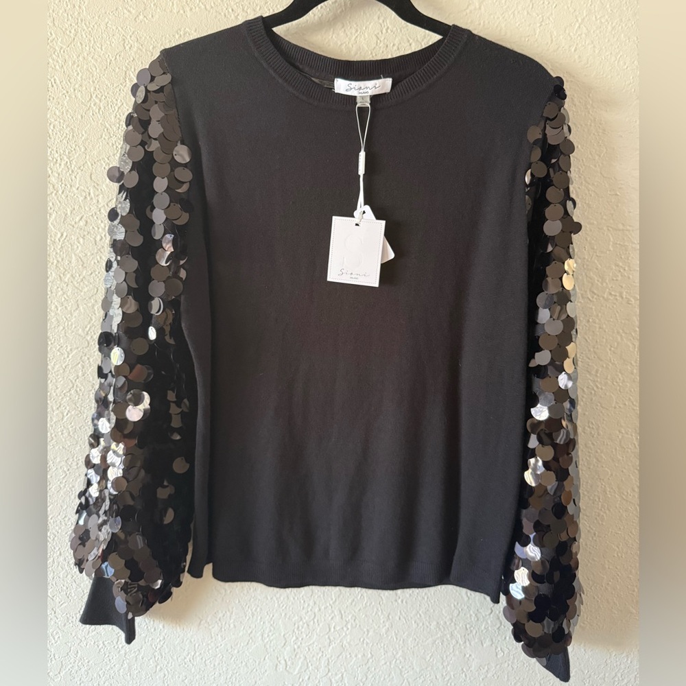 NWT Siani Milano Luscious 100% Garment Dye Sweater Black Sequined Sleeves Size L